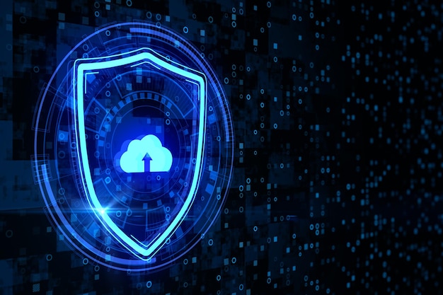 Abstract glowing shield with cloud icon on dark binary code background with mock up place Cloud computing and safety concept 3D Rendering