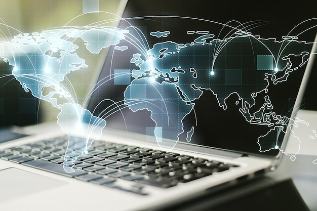 abstract graphic digital world map with connections on modern computer background globalization concept multiexposure