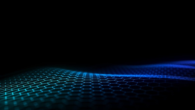 abstract grid with blue light on black background science background with moving dots and lines network connection technology digital structure with particles 3d rendering