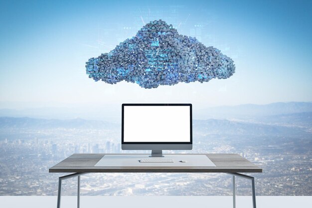 Abstract image of empty white computer placed on desk under digital cloud with programming language on sky background Digital storage database network and technology concept Mock up 3D Rendering
