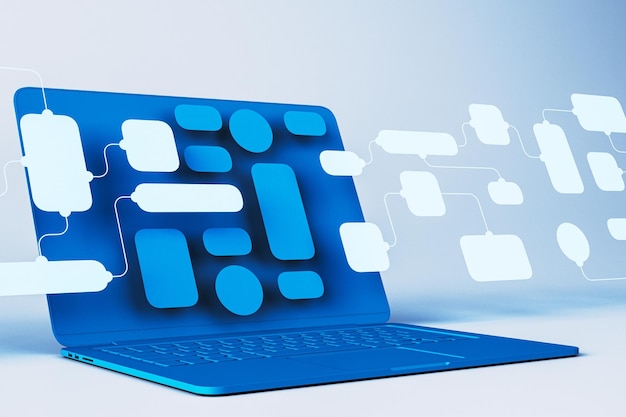 Abstract laptop with flowchart elements in blue tones 3D Rendering