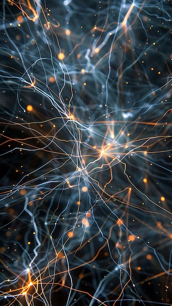 abstract lines of electricity intersecting on a dark canvas creating dynamic glowing patterns filled with energy