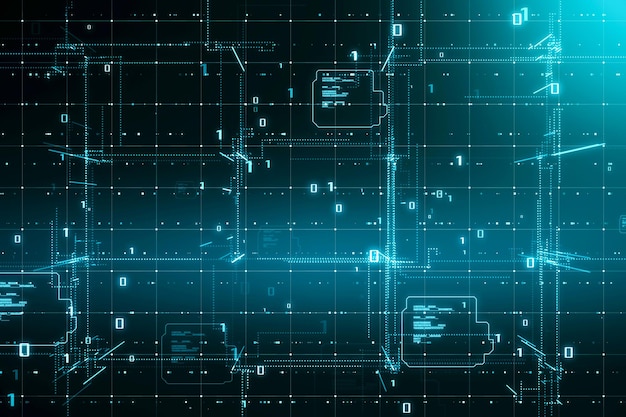 Abstract matrix technology background with scientific technology data of binary code transmission network of connectivity complexity and data flow concept 3D rendering