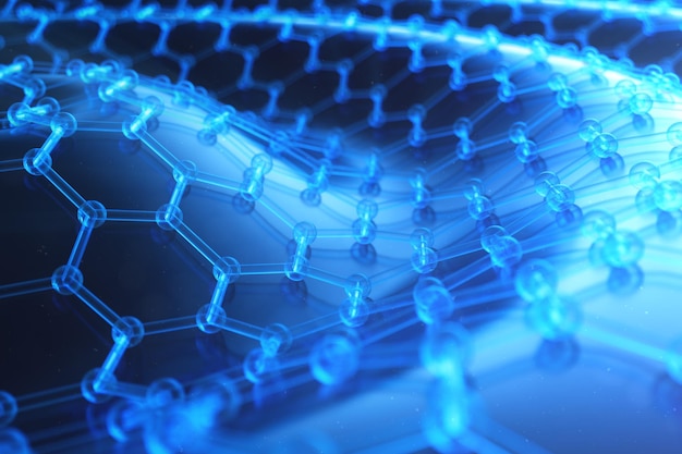 Abstract nanotechnology hexagonal geometric form close-up, concept graphene atomic structure, concept graphene molecular structure. Scientific concept, 3D Illustration