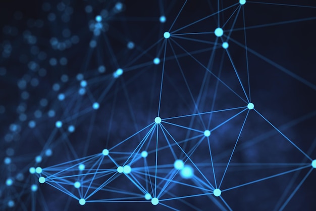 Abstract network of connections with dots and lines on a dark blue background symbolizing technology and data networking 3D Rendering