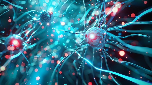 Abstract Network of Glowing Blue Lines and Cells with Red and Blue Bokeh Lights