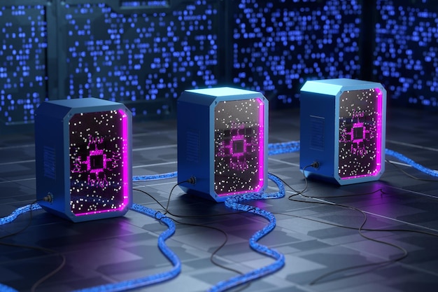 Abstract network server Database concept Electronic device Cable floor 3D render