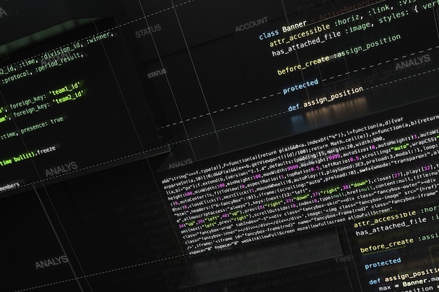 Abstract programming background with code lines and 3d rendering of random extruded square shapes. Extruded reflective surface with pieces of software developing code.