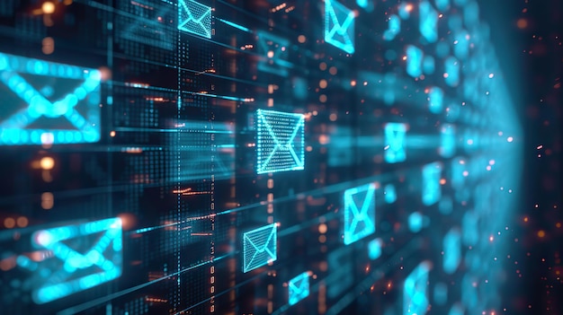 Abstract representation of a hightech communication network with digital envelopes and binary code signifying data exchange and connectivity