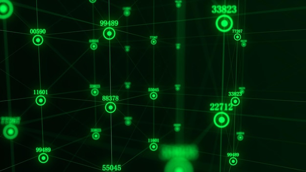 Abstract scifi cube with particle and line with digital indicators Technology network connection on world Global digital connections ai Wireframe cube Blockchain encryption 3D rendering