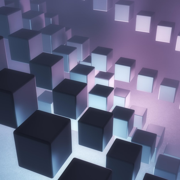 Abstract shape made with cubes in neon light duotone colors
