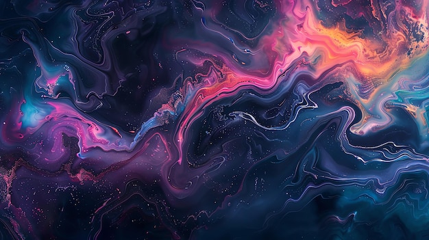Abstract swirling acrylic paint in blue pink purple and orange