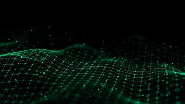 abstract technology wave of particles big data visualization dark background with motion dots and lines artificial intelligence 3d rendering