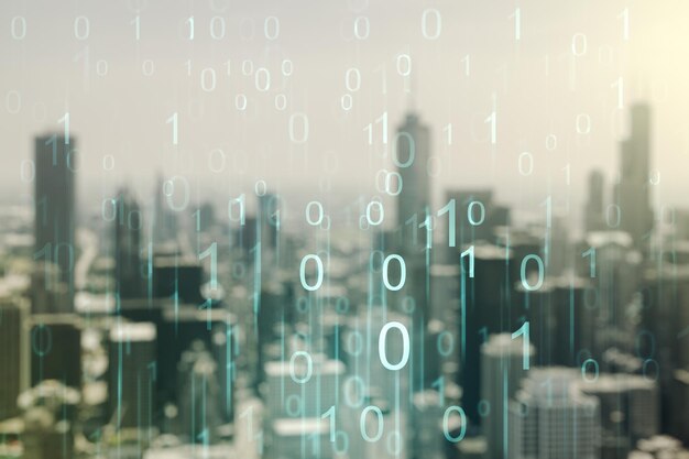 Abstract virtual binary code hologram on blurry skyscrapers background AI and machine learning concept Multiexposure