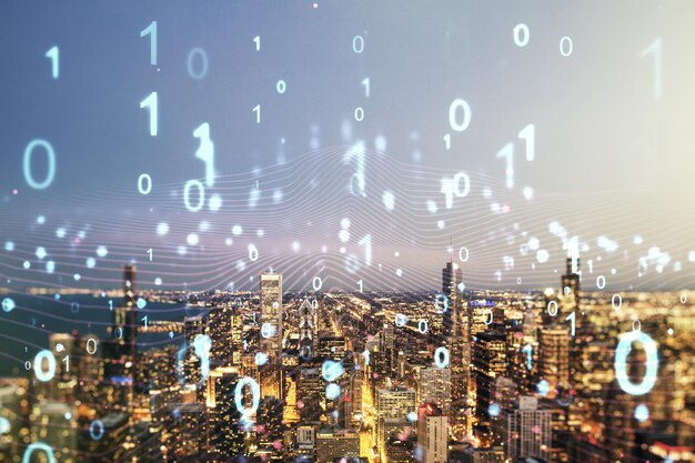 abstract virtual binary code hologram on chicago cityscape background ai and machine learning concept multiexposure