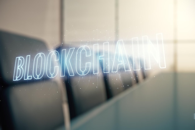 abstract virtual blockchain technology hologram on a modern coworking room background cryptography and decentralization concept multi exposure