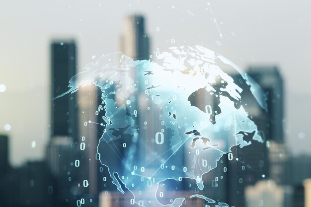 abstract virtual coding concept and world map hologram on blurry skyline background multiexposure