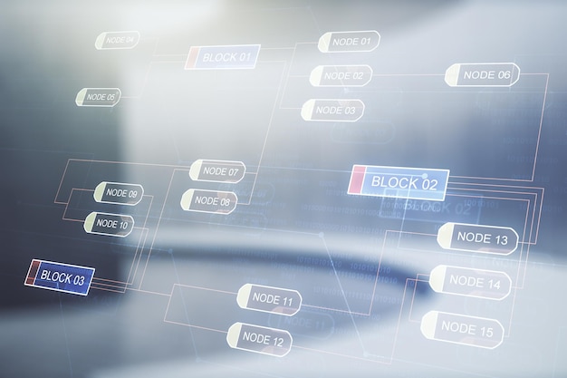 abstract virtual coding concept on empty corporate office background multiexposure