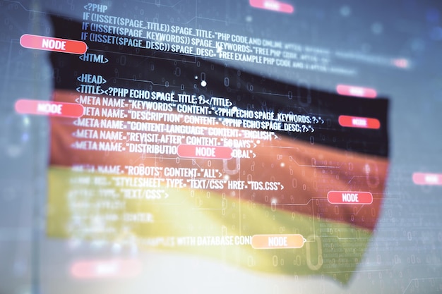 Abstract virtual coding concept on flag of Germany and sunset sky background Multiexposure