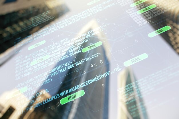 Abstract virtual coding concept on office buildings background Multiexposure