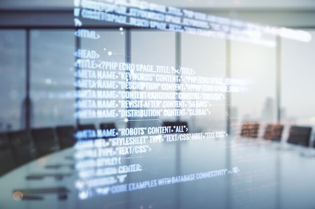 Abstract virtual coding illustration on a modern coworking room background software development concept Multiexposure