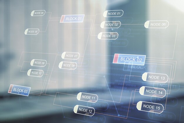 abstract virtual coding illustration on blurry contemporary office building background software development concept multiexposure