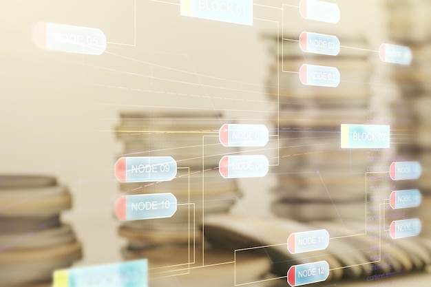 Abstract virtual coding illustration on coins background software development concept Multiexposure