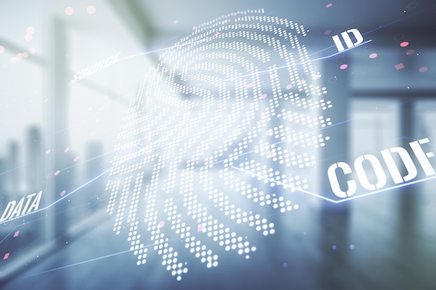 Abstract virtual fingerprint illustration on modern interior background personal biometric data concept Multiexposure