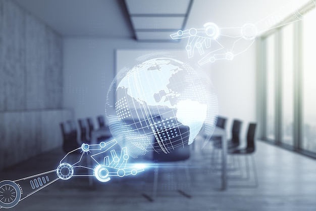 abstract virtual robotics technology hologram with globe sketch on a modern conference room backgrou