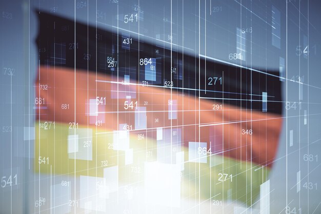 Abstract virtual stats data hologram on flag of Germany and sunset sky background Multiexposure
