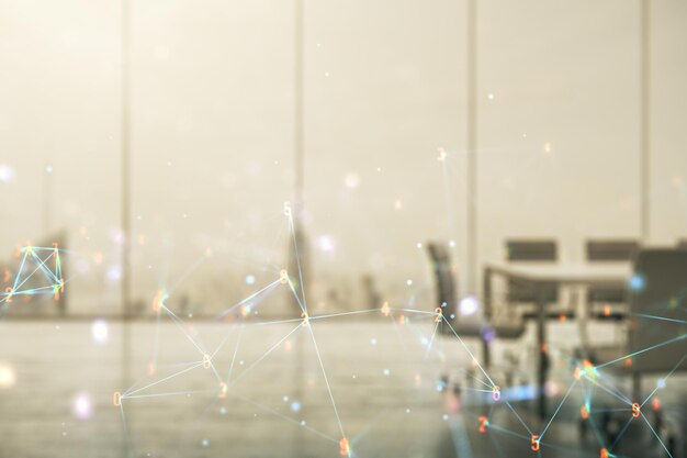 Abstract virtual technology sketch on a modern boardroom background future technology and AI concept Double exposure