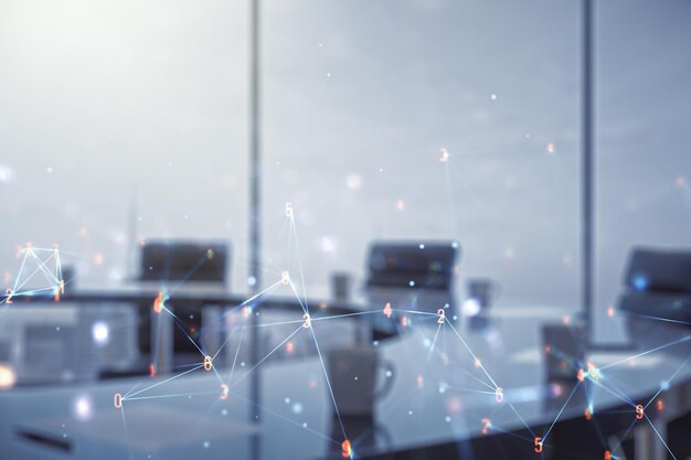 Abstract virtual technology sketch on a modern boardroom background future technology and AI concept Double exposure