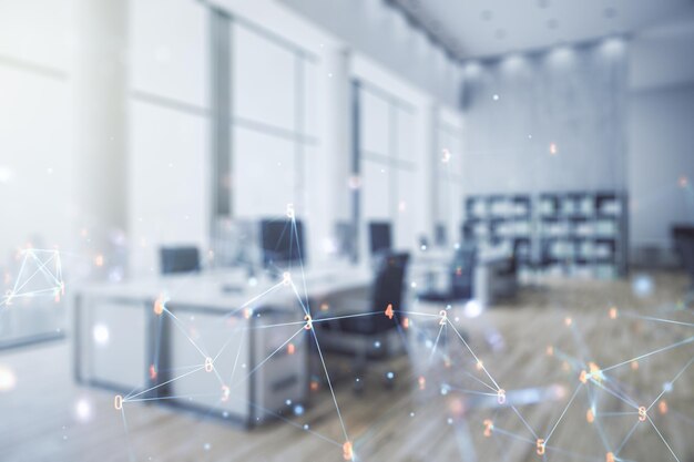 Abstract virtual technology sketch on a modern furnished office interior background future technology and AI concept Double exposure