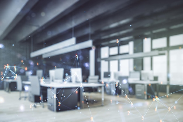 Abstract virtual wireless technology hologram on a modern furnished office background Big data and database concept Multiexposure