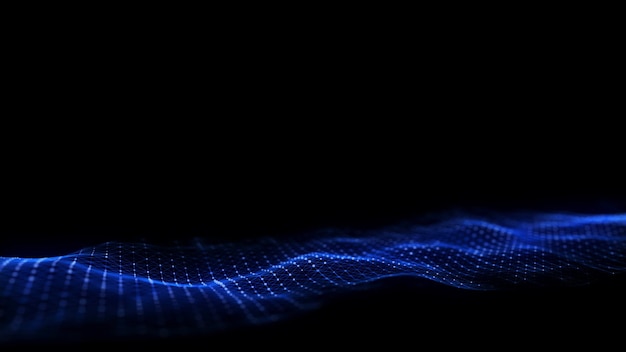 Abstract wave with blue light on black background Science background with moving dots Network connection technology Digital structure with particles 3d rendering