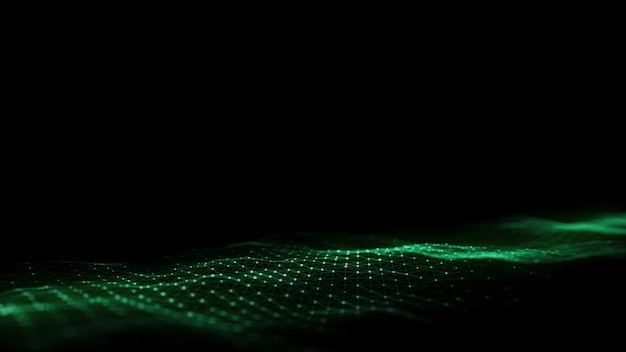 Abstract wave with green light on black background Science background with moving dots Network connection technology Digital structure with particles 3d rendering