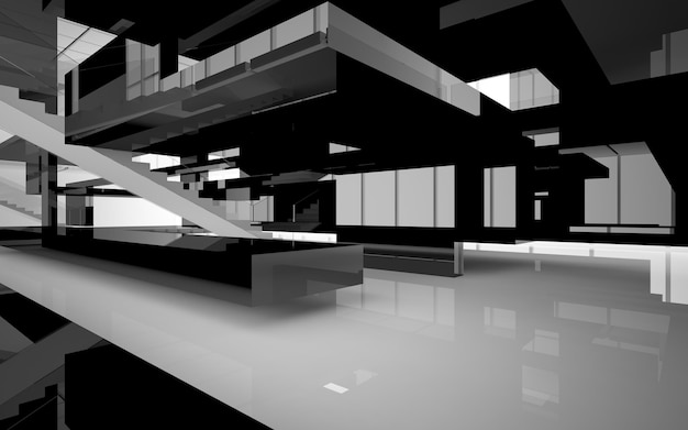 Abstract white and black interior multilevel public space with window. 3D illustration and rendering