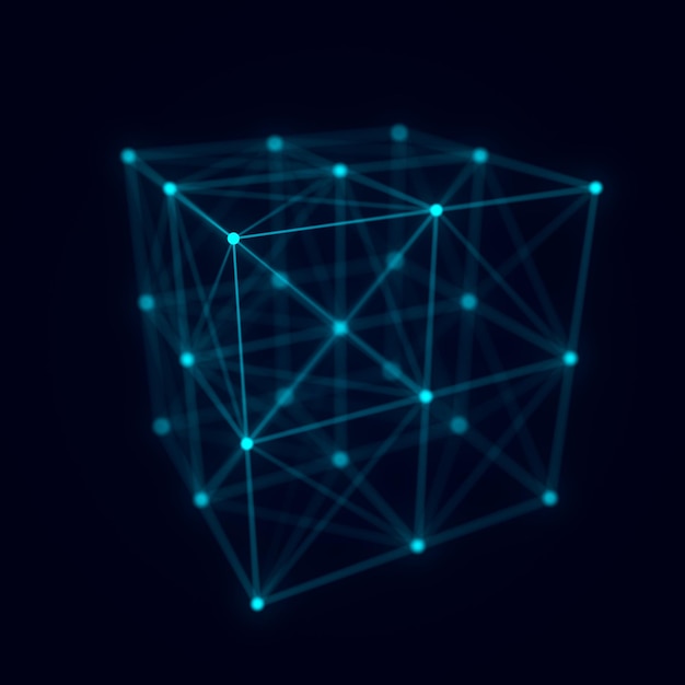 Abstract wireframe cube whith connection dots and lines Digital blockchain concept and data transfer system Storage cells of datas 3d rendering