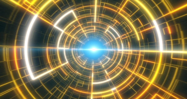 Abstract yellow glowing neon laser tunnel futuristic hitech with energy lines abstract background