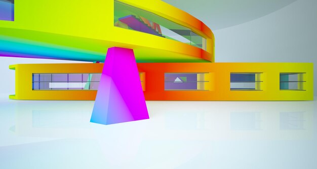 Abstrakt arkitektonisk hvidt interiør med gradientfarver i glas i et minimalistisk hus