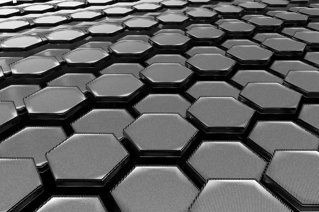 Abstrakt baggrund bestående af mønstre af metalliske sekskanter med sorte kanter. 3D-rendering.