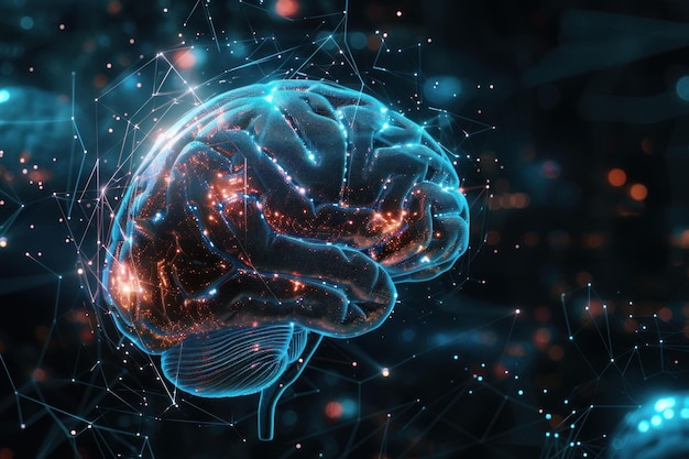 Abstrakt billede af en glødende hjerne forbundet med digitale linjer og knuder, der udtrykker AI og neurale netværkstanker