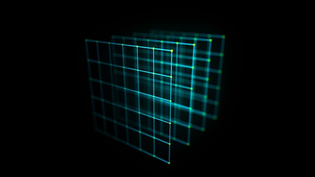 Abstrakt blå kube på sort baggrund. Firkantet trådmodelstruktur med glødende partikler og linjer. Futuristisk digital 3D-rendering