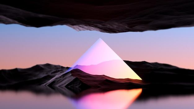 Abstrakt fantasylandskab med bjerge og glødende skærm Futuristisk landskab klippeformation og neonlys 3D-gengivelse