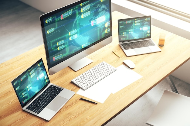 Abstrakt kreativ kodningsillustration med verdenskort på moderne computerskærm international softwareudviklingskoncept 3D-gengivelse