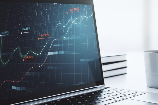 Abstrakt kreativ statistikdata hologram på modern datorskärm – analys- och prognoskoncept 3D-rendera