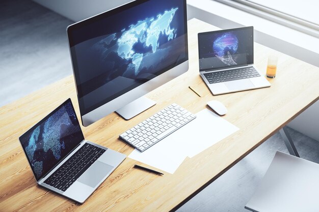 Abstrakt kreativt digitalt verdenskort på moderne laptop monitor, turisme- og rejsekoncept 3D-gengivelse