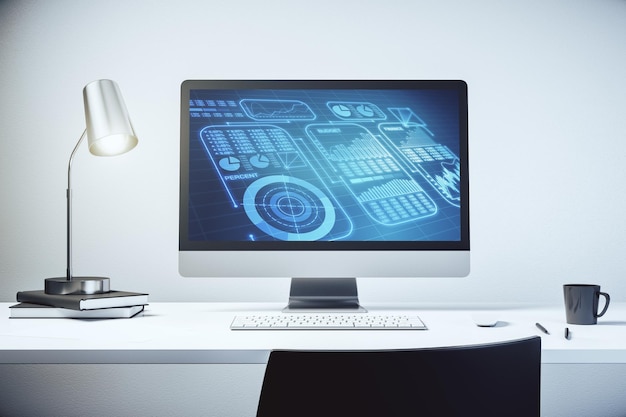 Abstrakt kreativt hologram med statistiske data på moderne computerskærm - analyse- og prognosekoncept. 3D-rendering
