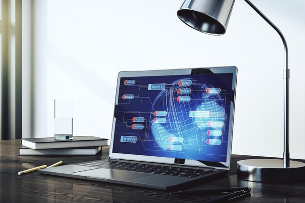 Abstrakt kreativt kodningskoncept med världskarta på modern laptopskärm 3D-rendering