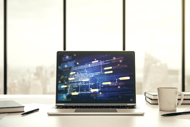 Abstrakt kreativt kodningskoncept på modern laptopskärm, 3D-rendering